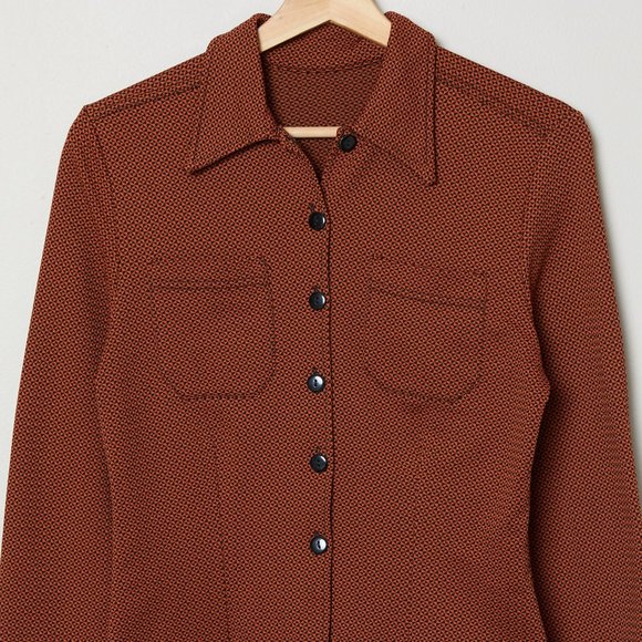 Vtg 70s Rust Geometric Print Knit Top S - Picture 2 of 9